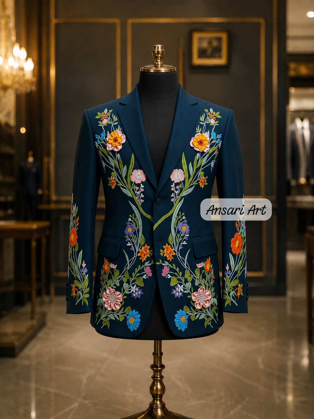 Men's Hand Embroidered Floral Suit, Teal 2 Piece Wedding Tuxedo, Groom Floral Blazer, Ribbon Embroidery Dinner Jacket Prom Party Luxury Suit