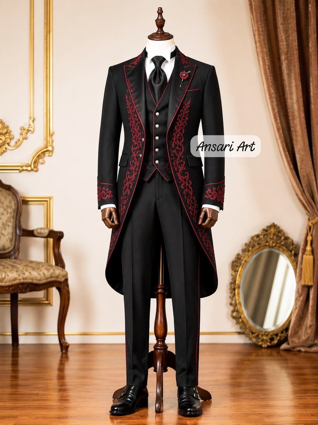 Black Red Embroidered Men's Wedding Tailcoat Suit, Victorian Gothic Tuxedo, Regency Prince Frock Coat, 3 Piece Custom Groom Suit