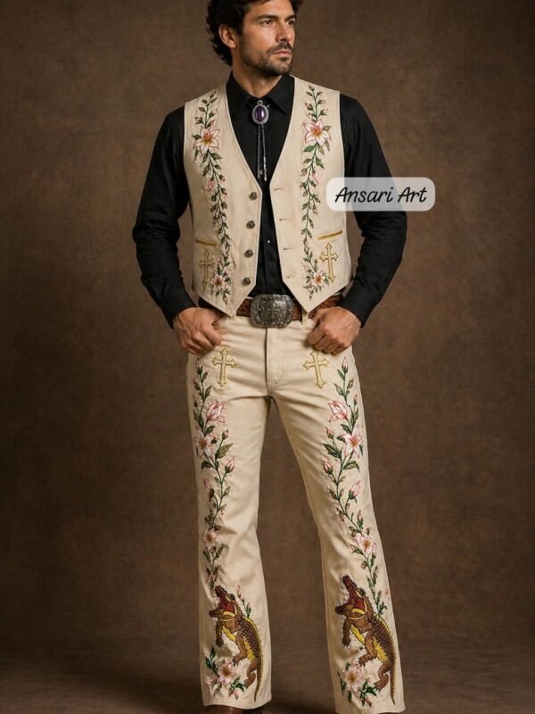 3Pc Sage Green Western Suit: Floral Alligators Embroidered Shirt Vest & Flare Pants Set - Men’s Cowboy Rodeo Outfit - Boho Stage Wear