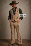 3Pc Tan Western Suit: Cactus & Longhorn Embroidered Shirt Vest Flare Pants Set - Men’s Desert Rodeo Outfit - Stage Wear Suit - Ansari Art
