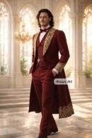 Men's Burgundy Wedding Tailcoat Suit, Gothic Victorian Embroidered Tuxedo, Royal Red Groom Outfit, Luxury Prom Party Blazer Set, Custom Made