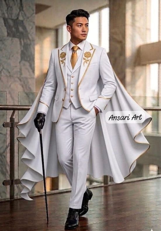 White Wedding Suit for Men with Cape, Gold Rose Embroidered Tuxedo, Luxury 4 Piece Prom Suit, Royal Groom Outfit, Custom Men's Blazer Set