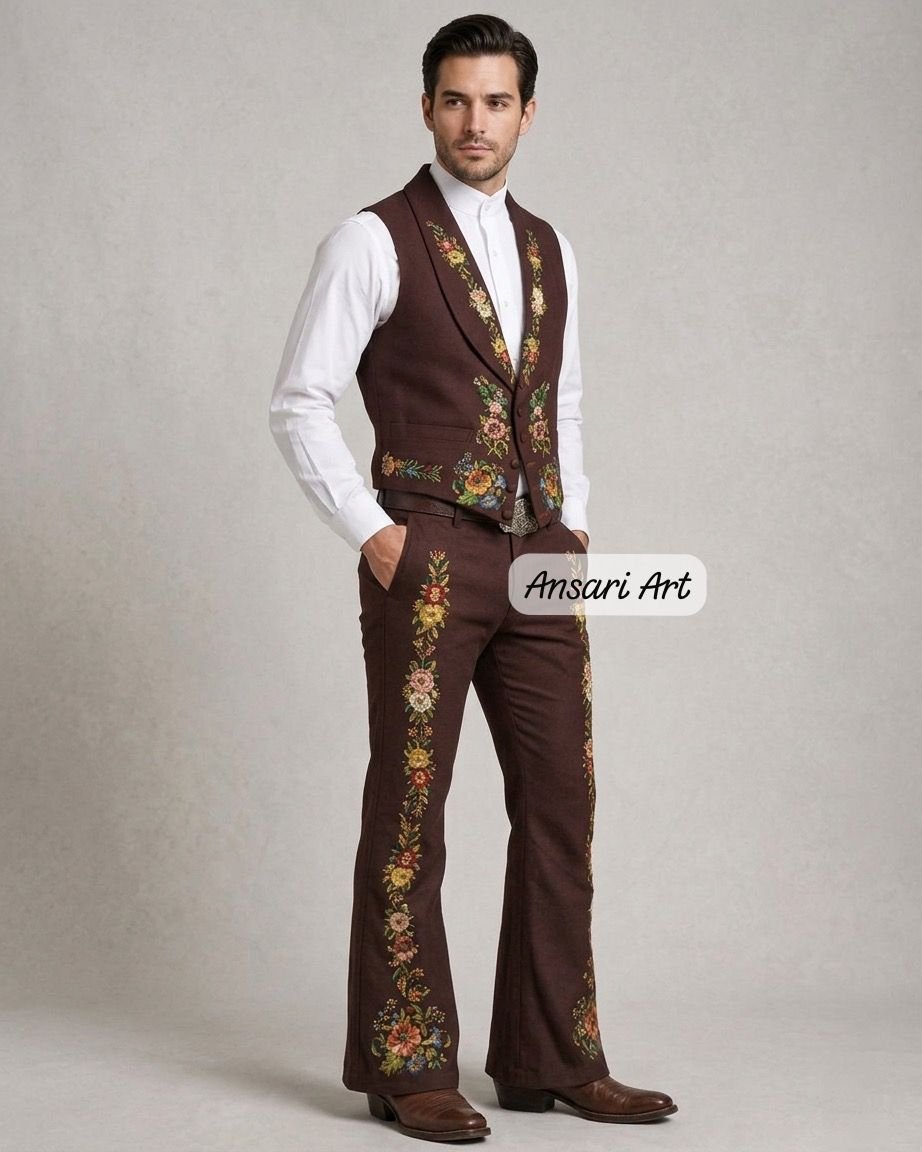 3Pc Brown Western Suit: Floral Embroidered Shirt Vest & Flare Pants Set - Men's Cowboy Rodeo Outfit - Boho Country Wedding Wear