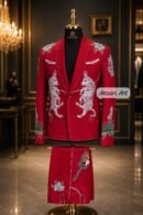 Custom Red Nudie Suit for Men, Embroidered Cowboy Wedding Suit, Western Stage Wear, Custom Dog Portrait Jacket, Rhinestone Country Suit