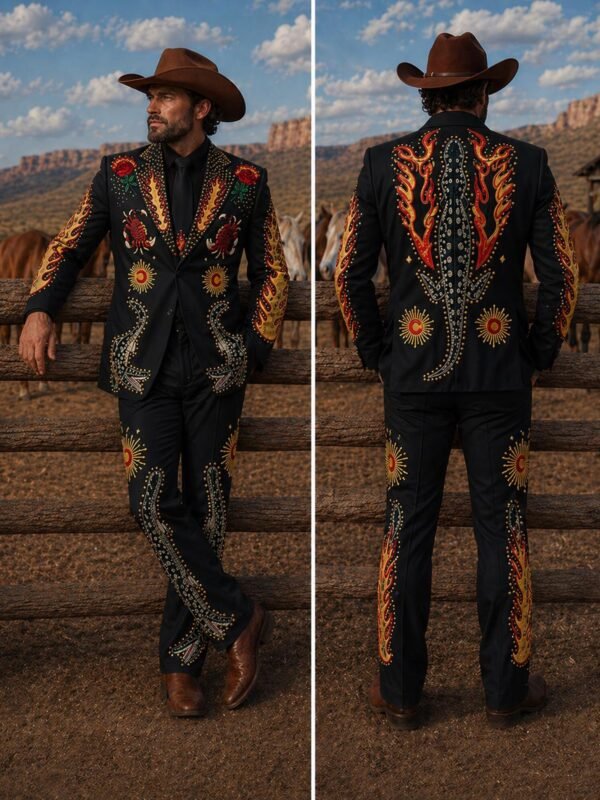 Black Alligator Embroidered Western Suit | Bespoke Nudie Suit with Flame and Sun Motifs | Luxury Stage Wear for Musicians & Western Weddings