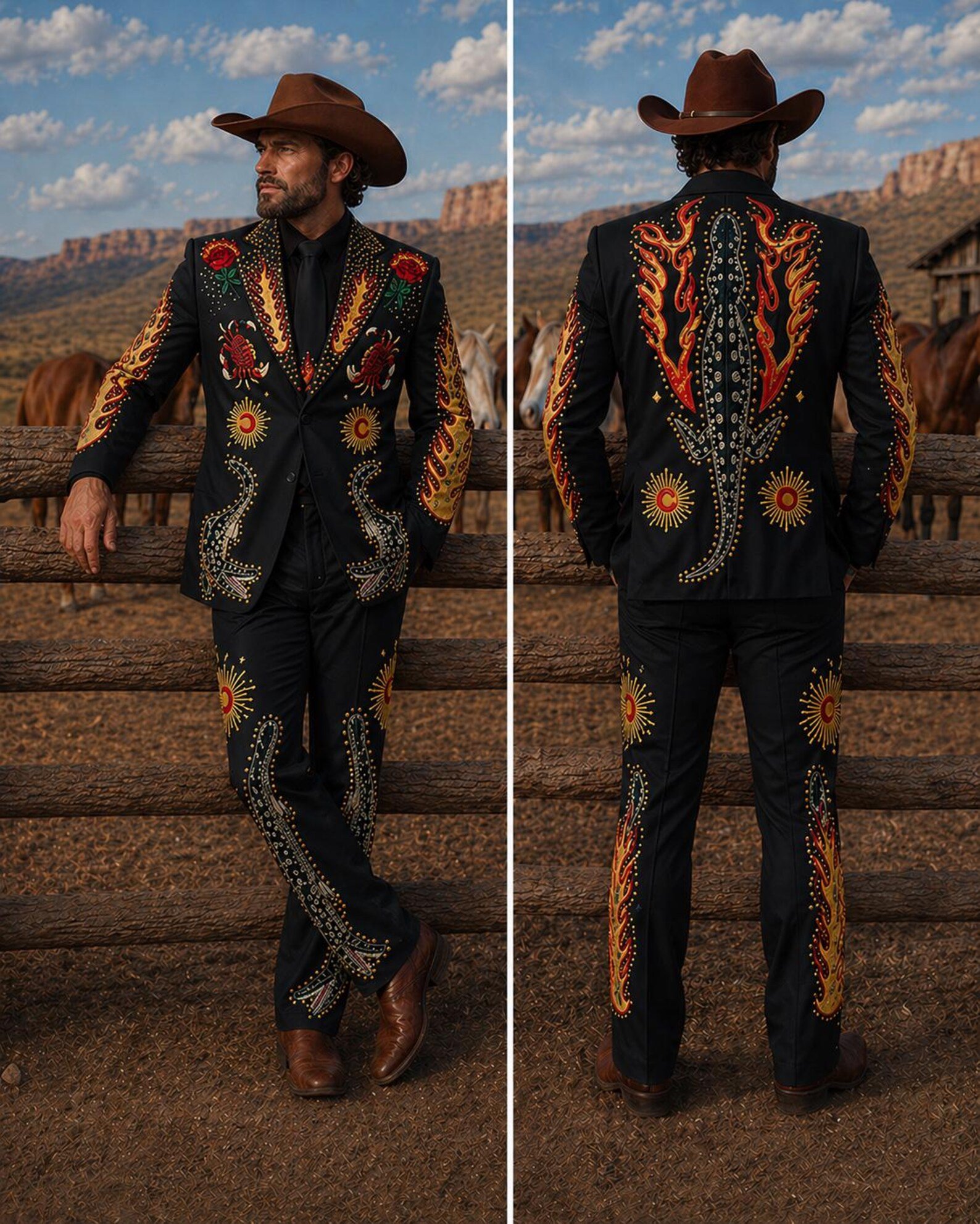 Black Alligator Embroidered Western Suit | Bespoke Nudie Suit with Flame and Sun Motifs | Luxury Stage Wear for Musicians & Western Weddings