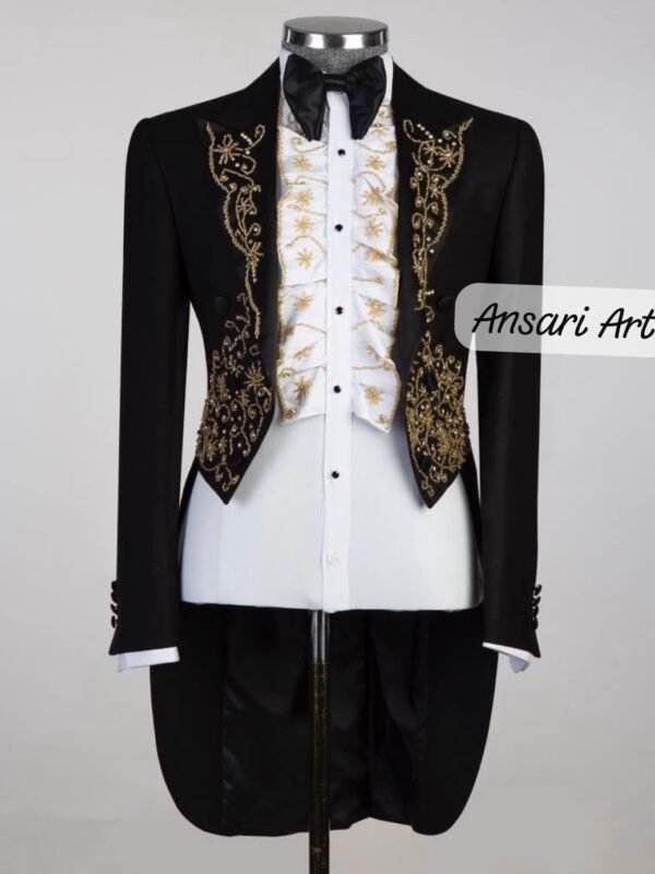Men Black Tailcoat Suit Gold Zardozi Embroidered Tuxedo Morning Coat Tailored Stage Outfit Vintage Groom Wedding Tail Suit Costume Set