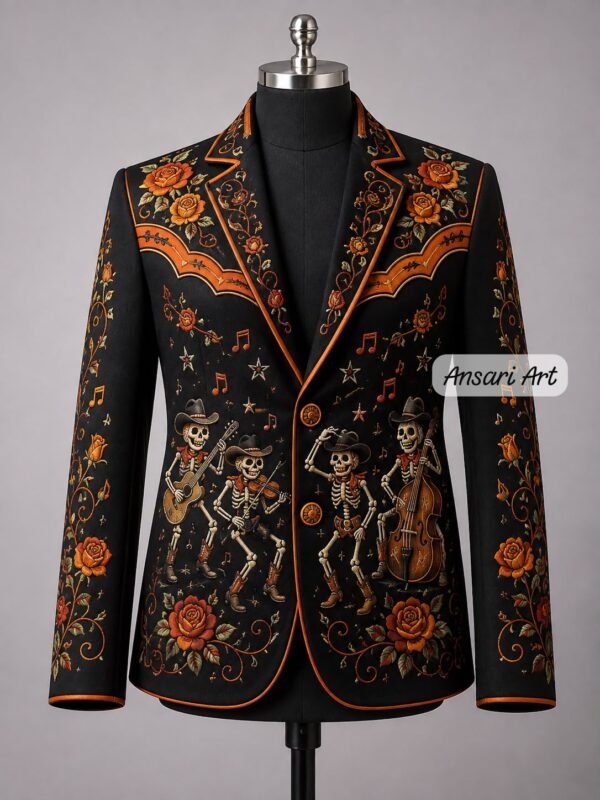 Men's Western Nudie Suit, Black Embroidered Skeleton Cowboy Suit, Custom 2Pc Country Western Suit, Rockabilly Outfit, Made to Measure