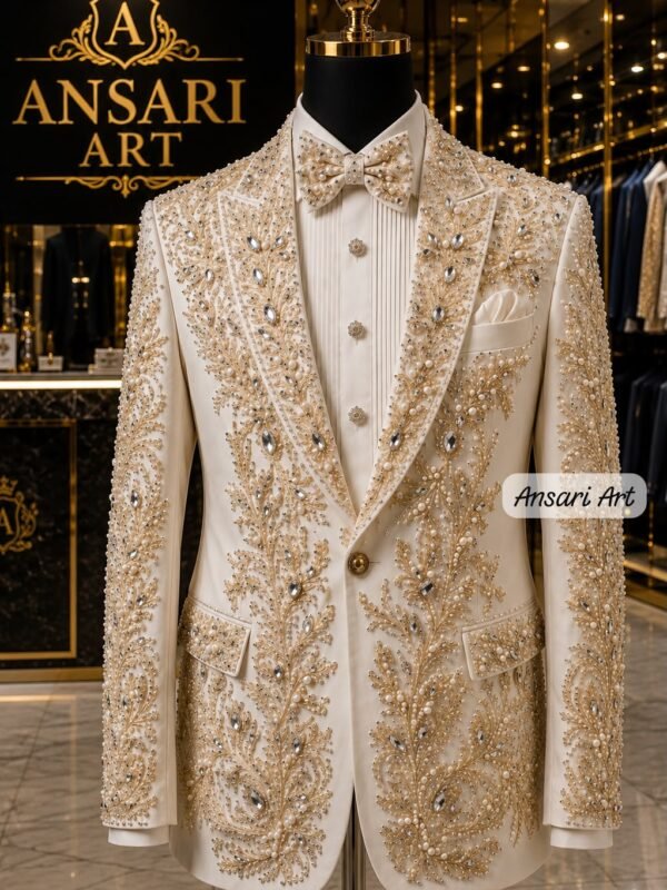 Luxury Ivory White Tuxedo Suit Pearl Crystal Embroidered Groom Suit | Heavy Gold Beaded Men Wedding Suit Regal Party Blazer Custom Tailored