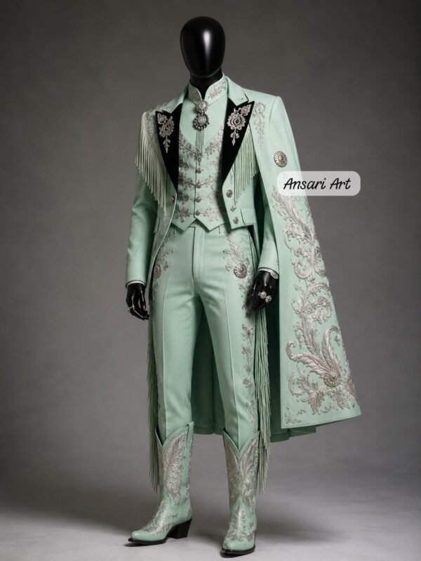 Mint Green Western Nudie Suit Silver Embroidered Tailcoat Fringe Cape | Custom Cowboy Groom Suit Mariachi Stage Wear Statement Cape Suit