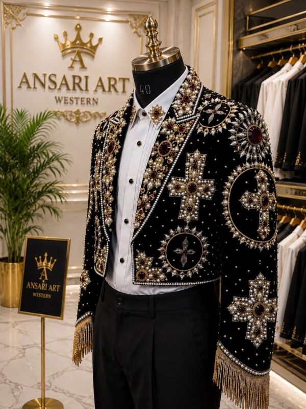Men Heavily Embellished Velvet Matador Jacket Pearl Crystal Cross Rhinestone Embroidered Short Suit Bolero Fringed Nudie Suit Gothic Wedding