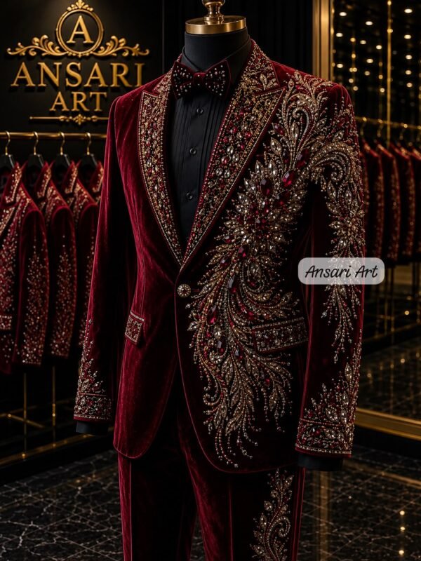 Luxury Maroon Velvet Men Suit Heavy Gold Embroidery Groom Tuxedo | Custom Embellished Wedding Suit Regal Prom Party Wear Tailored Blazer
