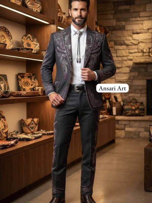 Custom Charcoal Gray Western Embroidered Men Nudie Cowboy Wedding Suit Rodeo Country Music Stage Wear Ranch Wedding Blazer Pant Set