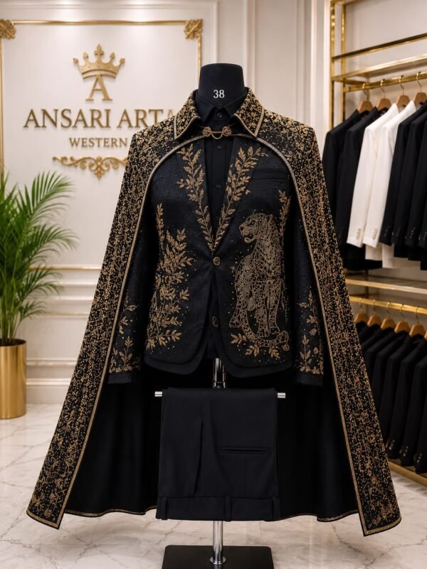 Men Gold Embroidered Leopard Suit with Cape Custom Black Velvet Tuxedo Panther Beaded Royal Groom Suit Stage Performer Costume Blazer