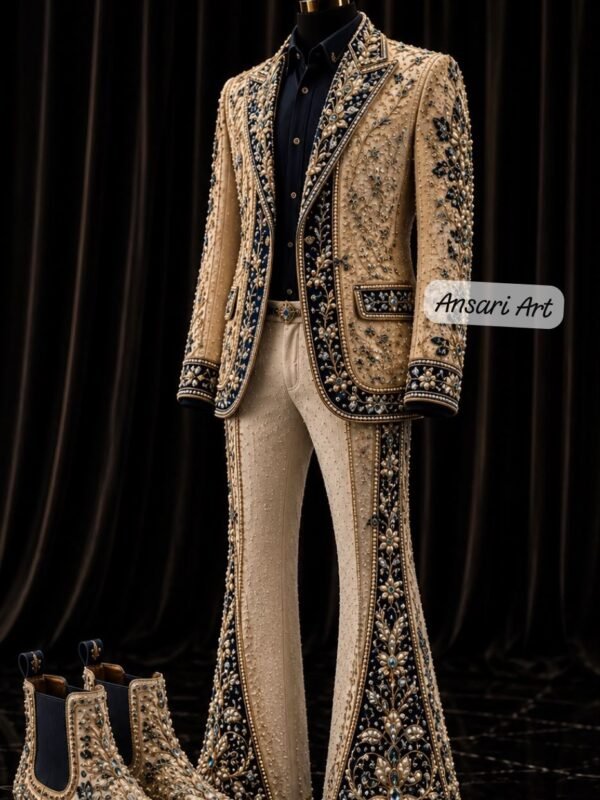 Men Heavily Embellished Velvet Matador Jacket Pearl Crystal Cross Rhinestone Embroidered Short Suit Bolero Fringed Nudie Suit Gothic Wedding