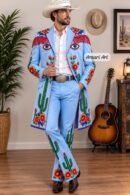 Men's Western Embroidered Long Coat Suit, Custom Nudie Suit, Cowboy Wedding Suit, Cactus Floral Fringe Jacket, Rodeo Outfit