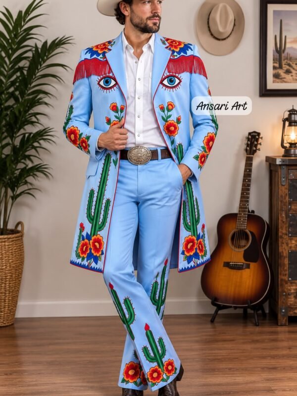 Men's Western Embroidered Long Coat Suit, Custom Nudie Suit, Cowboy Wedding Suit, Cactus Floral Fringe Jacket, Rodeo Outfit
