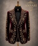 Men's Burgundy Velvet Tuxedo 2Pc Suit, Gold Embroidered Luxury Wedding Suit, Royal Groom Suit, Baroque Formal Jacket, Custom Velvet Suit
