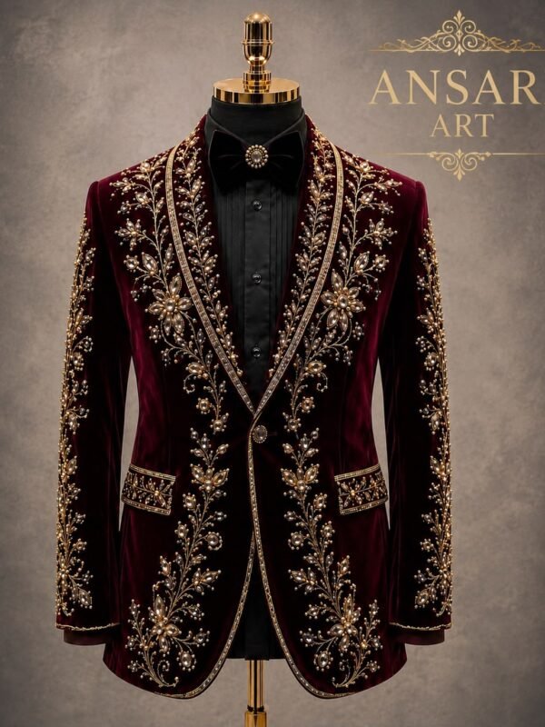 Men's Burgundy Velvet Tuxedo 2Pc Suit, Gold Embroidered Luxury Wedding Suit, Royal Groom Suit, Baroque Formal Jacket, Custom Velvet Suit