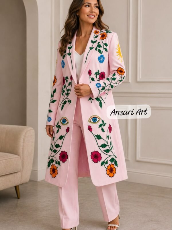 Custom Pink Embroidered Long Coat Suit, Women's & Men's Nudie Suit, Floral Western Jacket, Rhinestone Cowboy Wedding Outfit