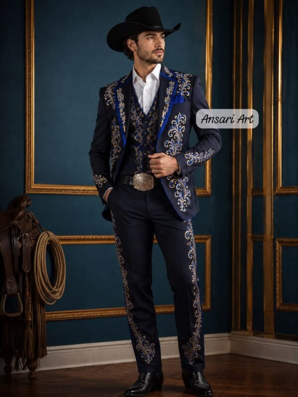 Navy Blue Nudie Suit Men, Royal Gold Embroidered Cowboy Suit 3PC, Custom Charro Tuxedo, XV Customized Monogram Stage Outfit, Western Groom