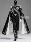 Black & White Royal Military Cape Custom Silver Embroidered Hussar Jacket Dramatic Theatrical Cloak  Men Groom Wedding (A )Letter Customized
