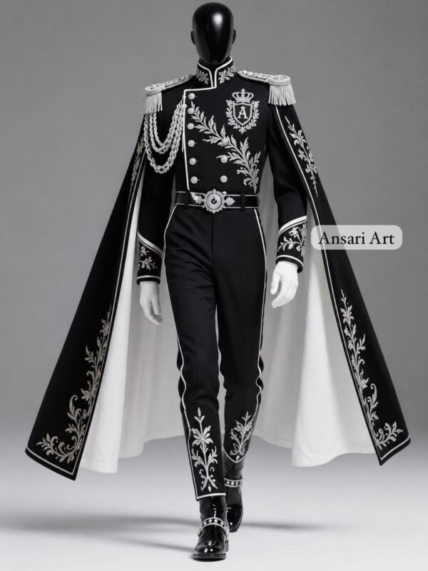 Black & White Royal Military Cape Custom Silver Embroidered Hussar Jacket Dramatic Theatrical Cloak  Men Groom Wedding (A )Letter Customized